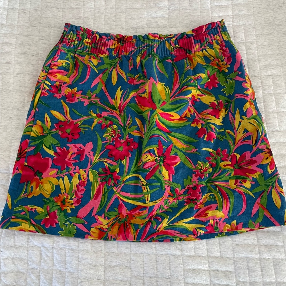 J. Crew Womens Floral Linen Skirt, Size 10, Elastic Waist Blue Green Yellow Pink